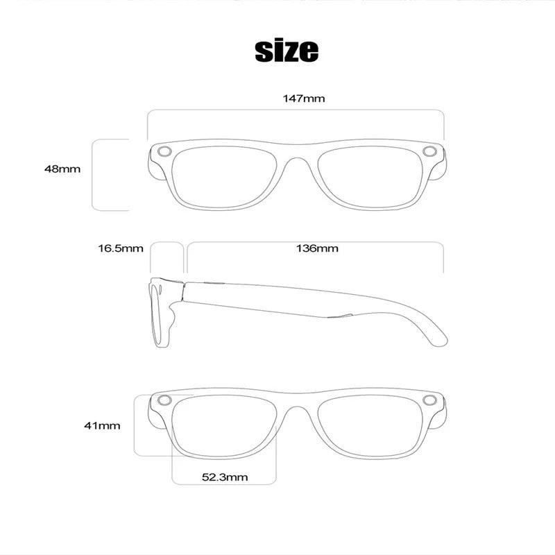 Technical size diagram of smart glasses with camera and Bluetooth showing detailed measurements