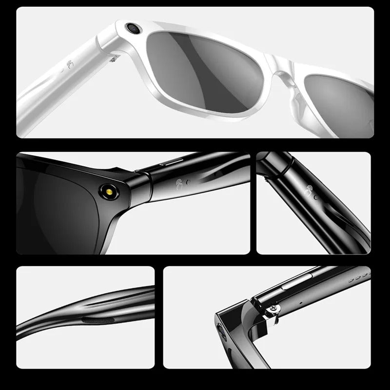 Votilo smart glasses with camera and Bluetooth in black and white showing close-up details